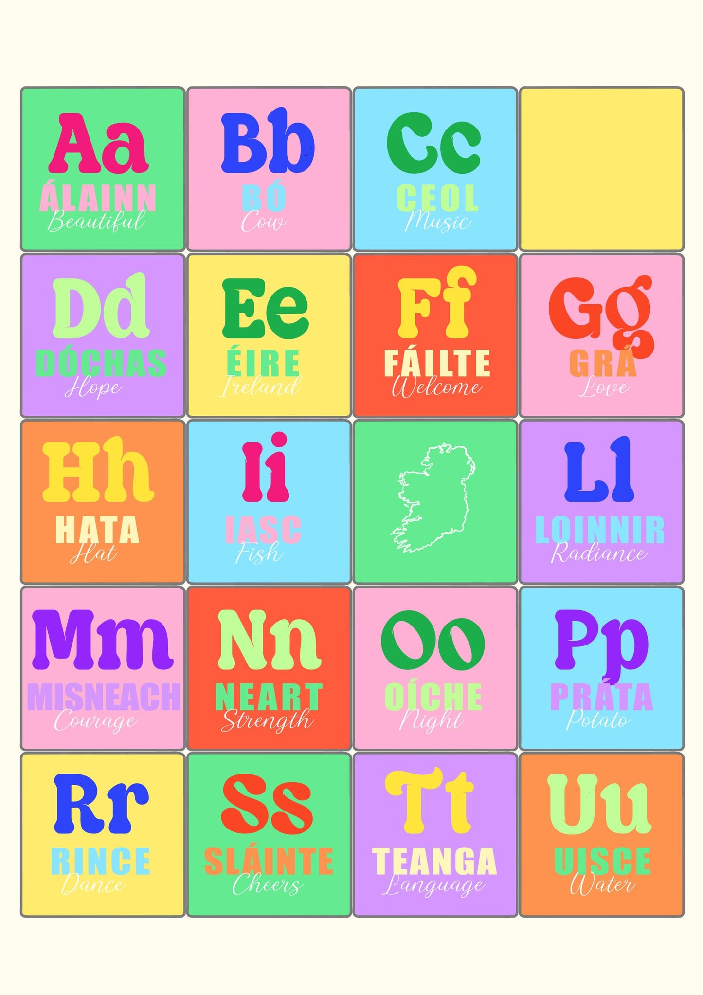 Colorful Irish Alphabet Print: Gaeilge Education Poster