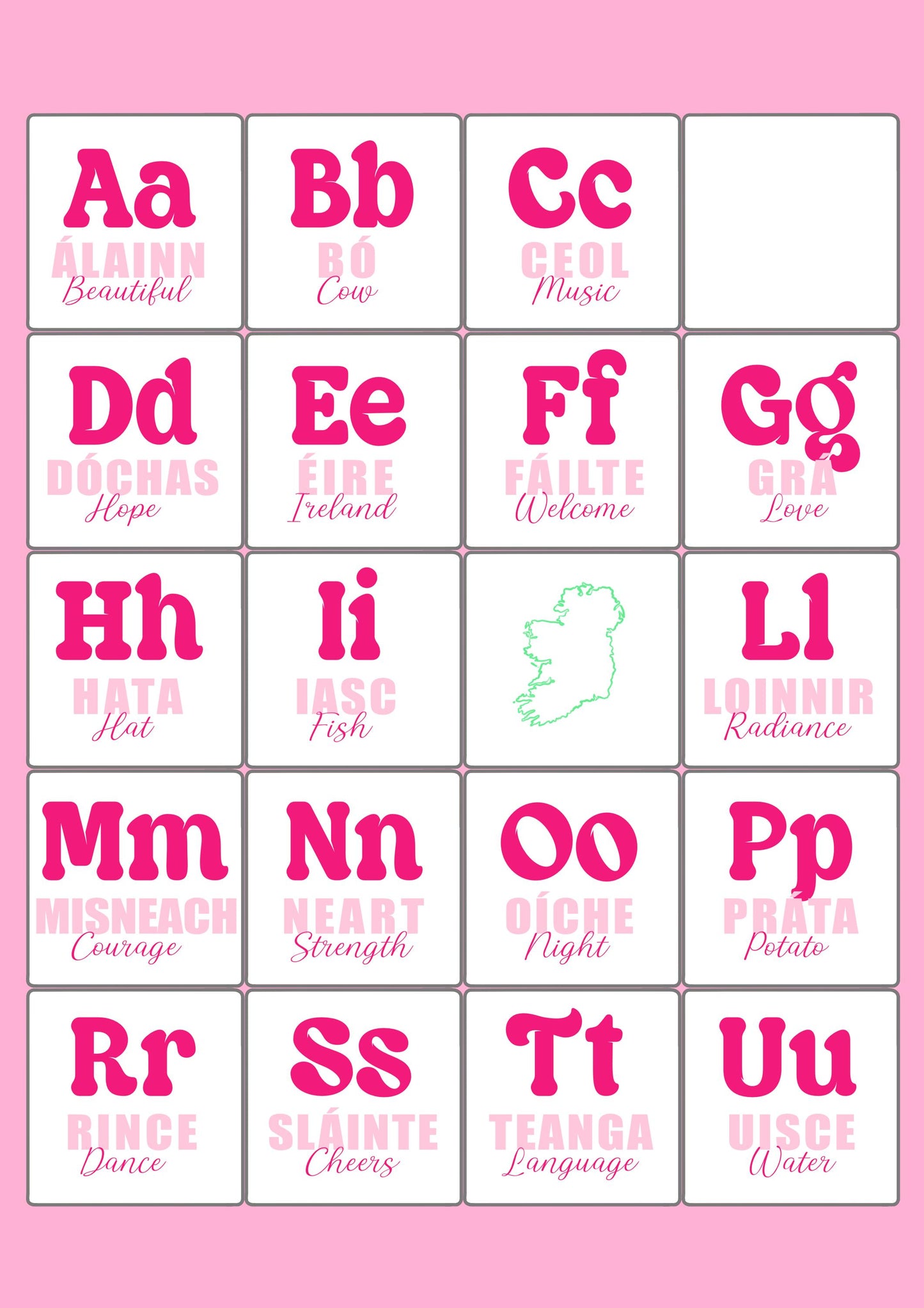 Colorful Irish Alphabet Print: Gaeilge Education Poster