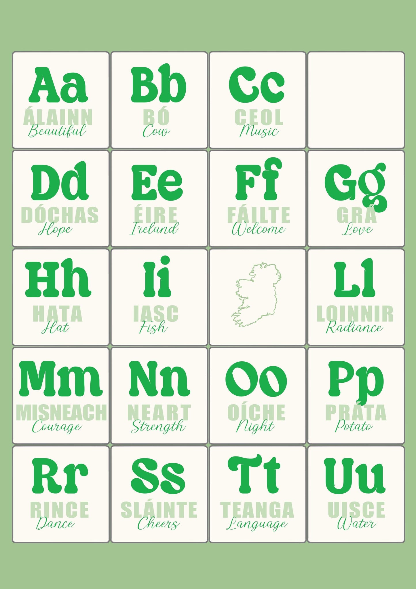 Colorful Irish Alphabet Print: Gaeilge Education Poster