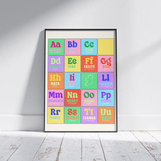 Colorful Irish Alphabet Print: Gaeilge Education Poster