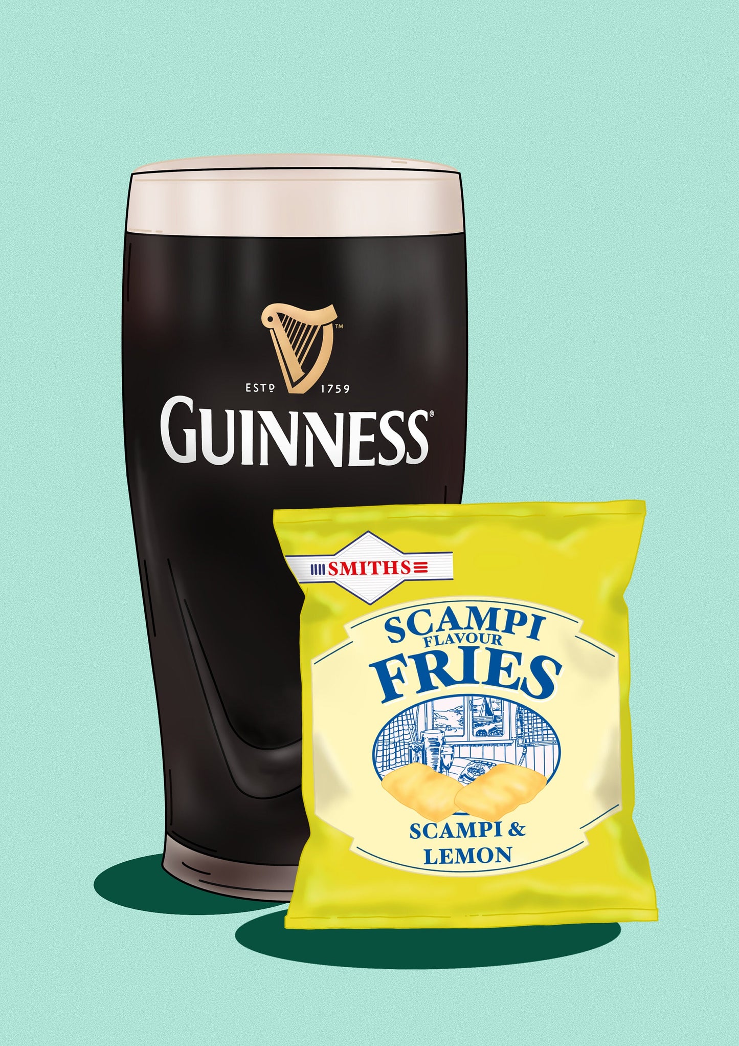 Guinness and Scampi Fries Print: Irish Home Decor