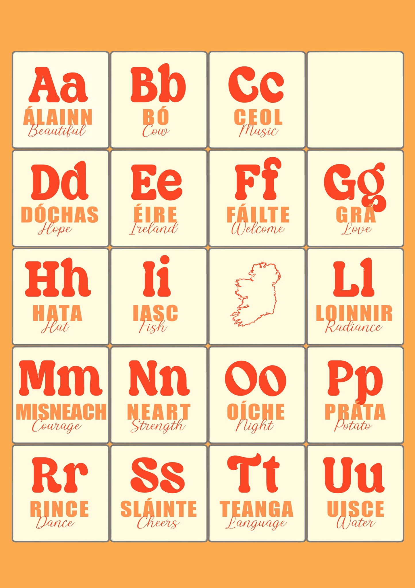 Colorful Irish Alphabet Print: Gaeilge Education Poster