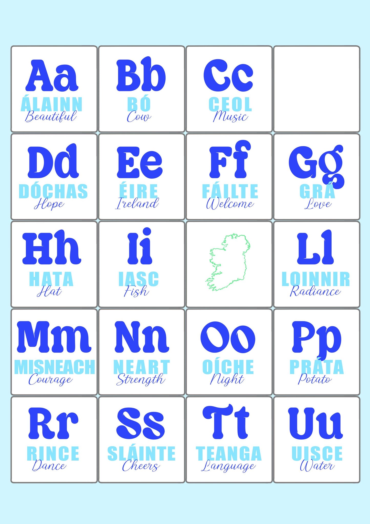 Colorful Irish Alphabet Print: Gaeilge Education Poster